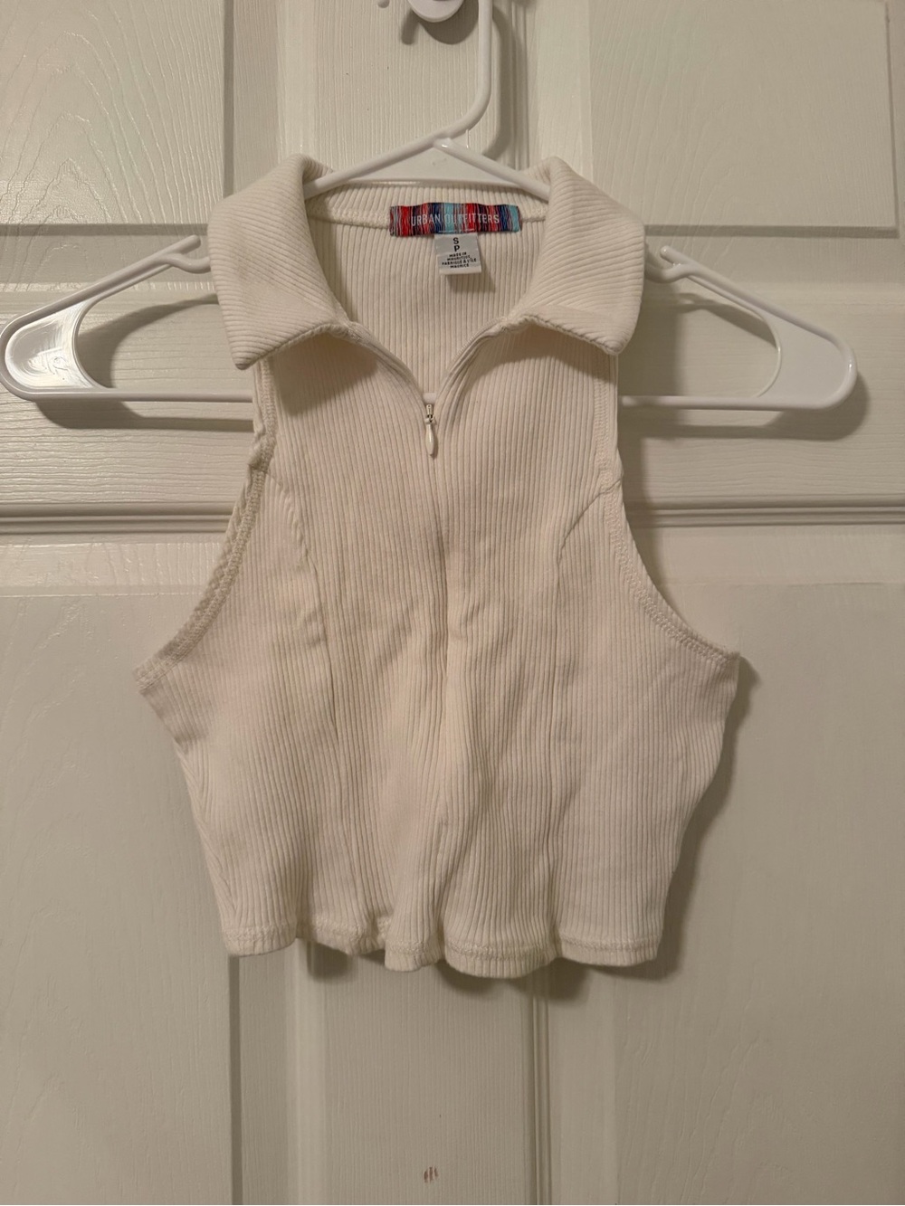 Urban Outfitters Cream Ribbed Zip-Collar Sleeveless Crop Top